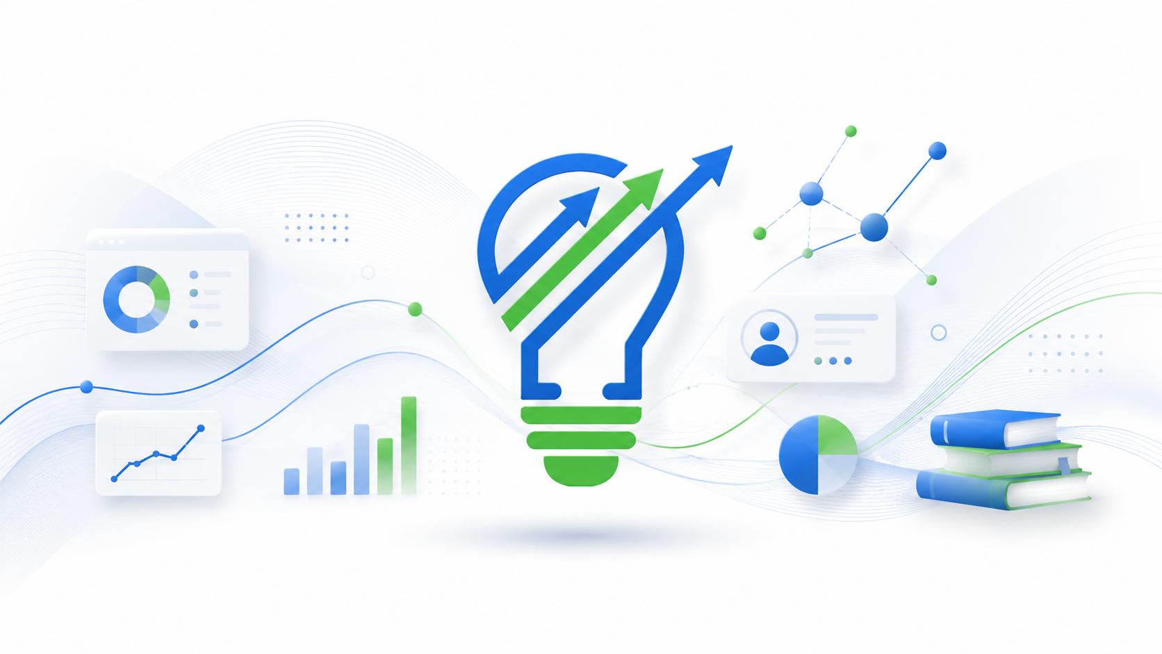 ASK Stratman lightbulb and growth arrows surrounded by analytics, knowledge, and collaboration imagery