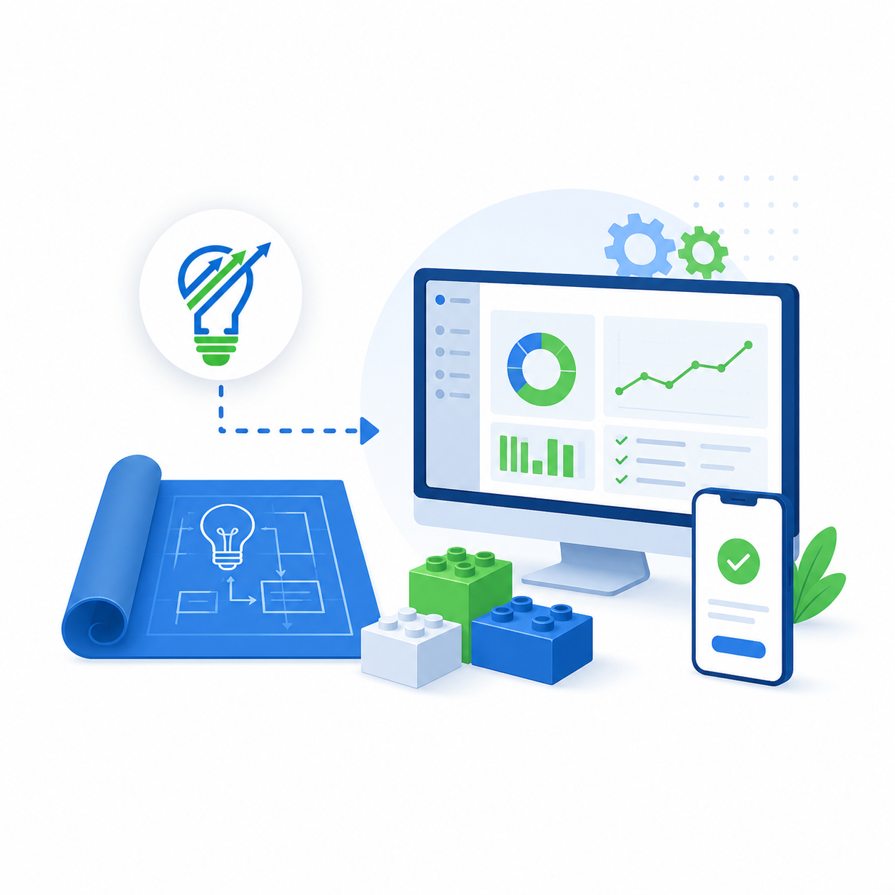 Illustration of a digital solution moving from blueprint to dashboard